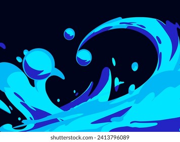 Seascape in anime and cartoon style. Vector illustration of sea waves.