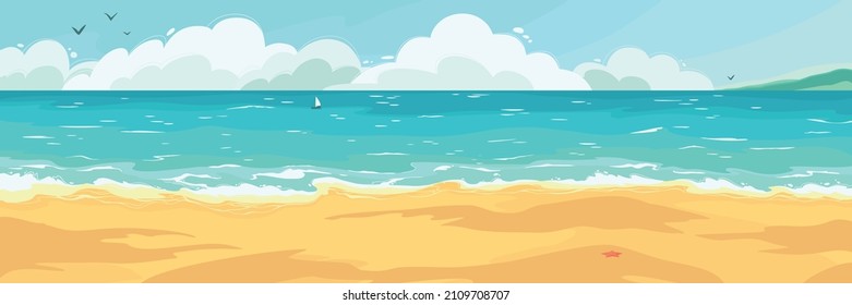 El paisaje marino con olas, nubes, barcos, arena amarilla y montañas a lo lejos. Ilustración vectorial colorida al estilo de las caricaturas. Paisaje en formato horizontal.