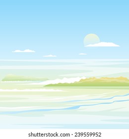 Seascape background with green islands in light colors, nature illustration