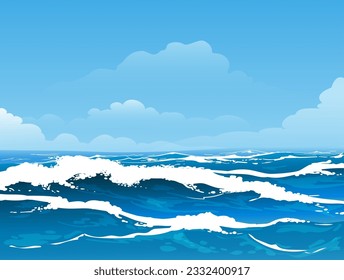 Seascape background with summer Sea Surface, Waves, Sky and White Clouds. Vector illustration