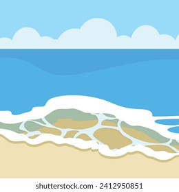 Seascape background with waves and beach. Vector illustration in flat style.