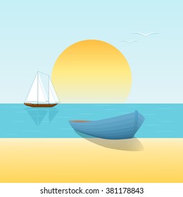 Seascape, beach, boat, sailboat at sunset. Vector illustration.