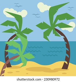  Seascape Beach. Creative Vintage Vector Flat Illustration.