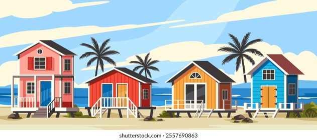 Seascape with Beach houses. Beautiful tropical island scenery with green palm trees and wooden bungalows on the ocean coast. Summer vacation and recreation on seashore. Cartoon vector illustration