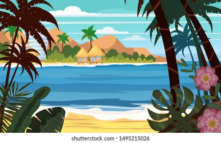 Seascape beach landscape ocean - Exotic plants leaves and palms. Hotels and bungalow. Trendy design vector illustration banner, greeting card, poster and advertising - summer vacation concept