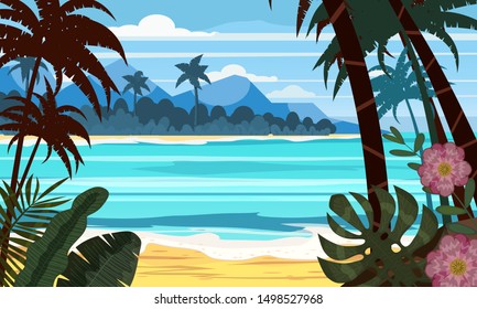 Seascape beach landscape ocean - Exotic plants leaves and palms. Sun and clouds. Trendy design vector illustration banner, greeting card, poster and advertising - summer vacation concept