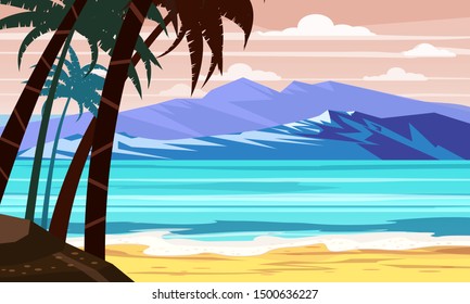 Seascape beach landscape ocean - Exotic plants leaves and palms. Sun and clouds. Trendy design vector illustration banner, greeting card, poster and advertising - summer vacation concept