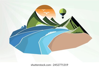 a seascape with the beach and mountains. Vector illustration
