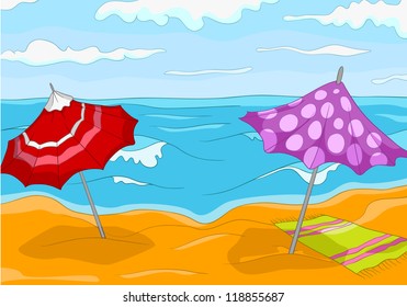 Seascape. Beach, Palms and Surf . Vector Cartoon Background.