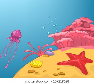 Seascape. Beach, Palms and Surf . Vector Cartoon Background.