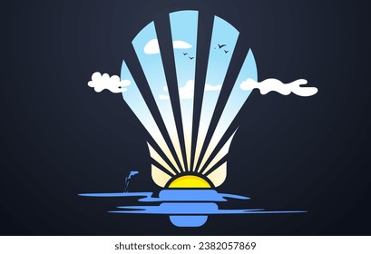 Seascape with beach, sky, sun and clouds through the shape of an electric bulb within the sun rays. Morning scenery with a surreal abstract art style. Could be used as sticker, or wallpaper etc