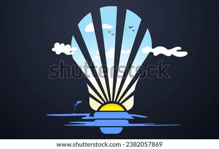 Seascape with beach, sky, sun and clouds through the shape of an electric bulb within the sun rays. Morning scenery with a surreal abstract art style. Could be used as sticker, or wallpaper etc