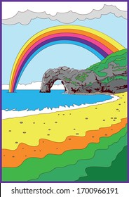 Seascape, Beach, Surf, Cliff, Regenbogen und Meer, Vintage Psychedelic Art Style aus den 60er Jahren
