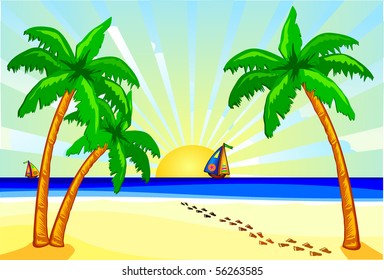 Seascape beach with tropical palms, vector