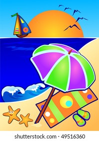 Seascape and beach umbrella, vector-style cartoon