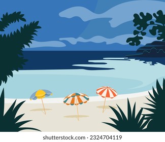 Seascape, beach, beach umbrellas against the background of the sea and tropical plants. Poster, print, colorful summer marine illustration	
