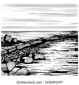 Seascape Beach, vector sketch. Rocky shore with large and small stones. Smooth horizon and stroke clouds.
