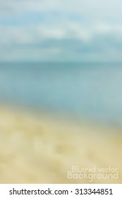 Seascape with blue cloudy sky and sand, blurred vector background.