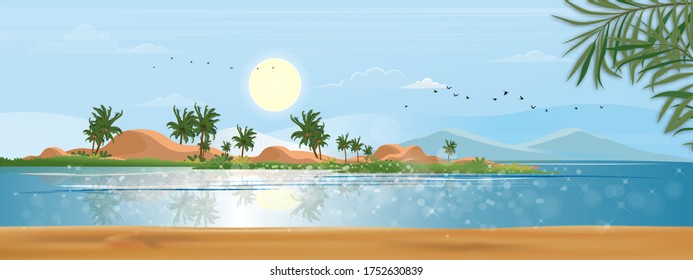 Seascape blue ocean, coconut palm tree on island in sunny day spring,Backdrop Sea beach sand landscape with sky and cloud in morning,Vector beautiful nature seaside for Summer time holiday background