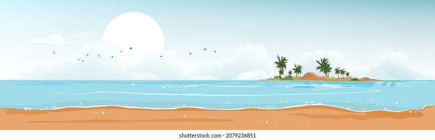Seascape of blue ocean and coconut palm tree on island,Horizontal Sea beach, sand with blue sky and fluffy cloud,Vector illustration beautiful nature of landscape seaside for Summer holiday background