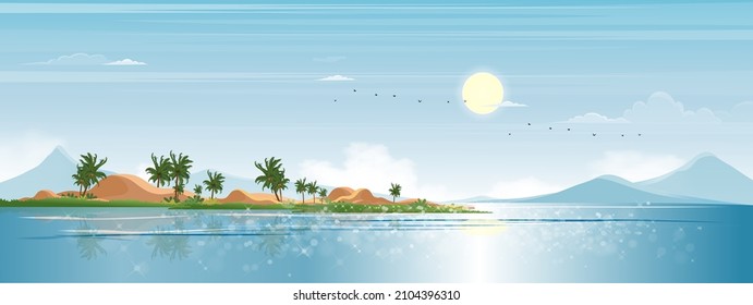 Seascape blue ocean, coconut palm tree on island in sunny day spring,Backdrop Sea beach landscape with sky and cloud in morning,Vector beautiful nature seaside for Summer time holiday background