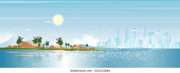 océano azul marino, palmera de coco en la isla en primavera, paisaje de playa del mar y edificios modernos con cielo y nubes por la mañana,Vector hermosa naturaleza de la costa en verano fondo de vacaciones