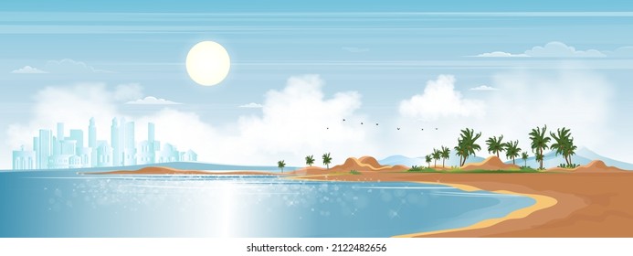 Seascape blue ocean, coconut palm tree on island on Spring, Sea beach landscape and modern buildings with sky and cloud in morning,Vector beautiful nature seaside for Summer time holiday background