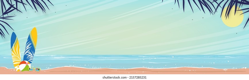 Seascape of blue ocean and surfboard and palm tree on beach sand background.Travel adventure sport in Spring, Summer vacation concept. Vector illustration nature landscape seaside with sky and cloud