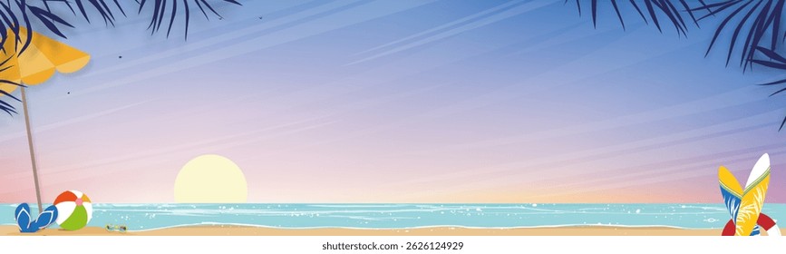 Seascape of blue ocean and surfboard and palm tree on beach sand background.Travel adventure sport in Spring, Summer vacation concept. Vector illustration nature landscape seaside with sky and cloud