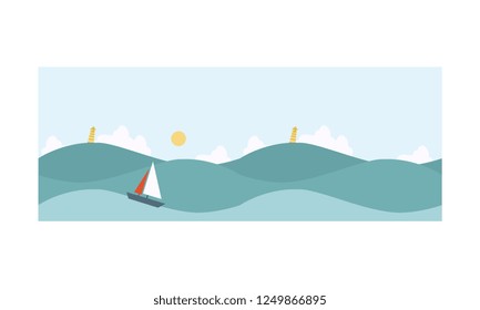Seascape, blue sea background with waves, yacht, beacon vector Illustration