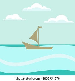 Seascape in blue. Ship, clouds, ship, sail, sea, waves. Poster, post on instagram, banner. Vector illustration.