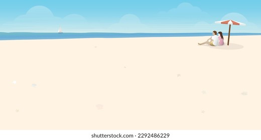 Seascape and blue sky have couple of lover sitting on the beach with umbrella flat design. Tropical beach, yacht and tourists vector illustration. 