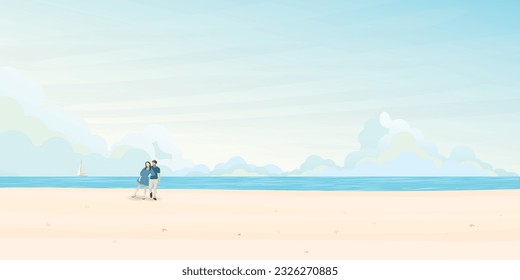 Seascape and blue sky have couple of lover on the beach flat design. Tropical beach, yacht and tourists vector illustration. 