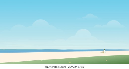 Seascape und blauer Himmel haben Mann sitzt allein auf dem Strand flach Design. Tropischer Strand mit Leerraum, Vektorgrafik. 