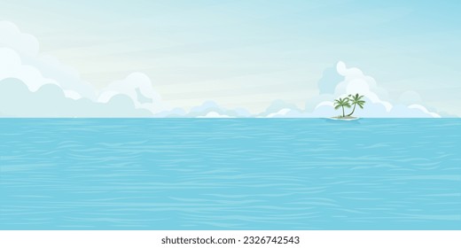 Seascape and blue sky with small island flat design. Tropical sea and tourism concept vector illustration. 