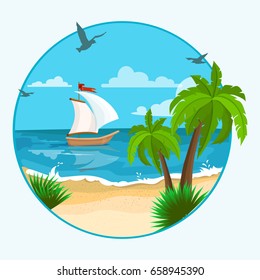 Seascape with boat and palm tree. vector