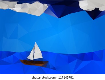 Seascape with boat, vector illustration
