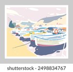 Seascape. Boats are in the europenean bay. Hand drawn vector art illustration. Poster minimalism cartoon creative style  