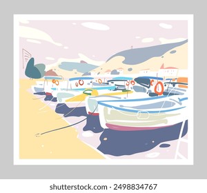 Seascape. Boats are in the europenean bay. Hand drawn vector art illustration. Poster minimalism cartoon creative style  