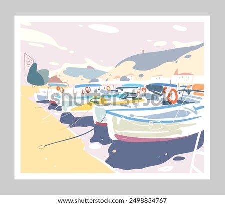 Seascape. Boats are in the europenean bay. Hand drawn vector art illustration. Poster minimalism cartoon creative style  