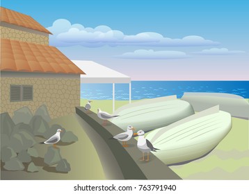 seascape with boats, house and seagulls