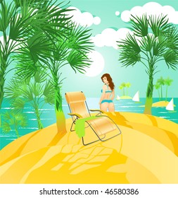 Seascape with chaise-lounge and girl.