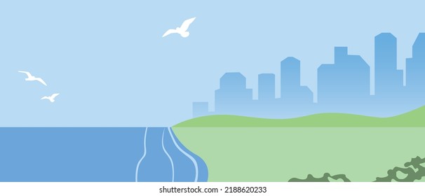 Seascape With City And Sea Day In Summer, Flat Vector Stock Illustration, Copy Space Backdrop Or Template, No People