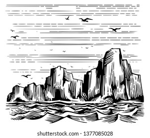 Seascape cliffs the shore   seagulls in the sky  Vector Imitation engraving  Scratch board style hand drawn sketch image 