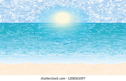 Seascape - clouds, bright sun, waves, shore - abstract light background - vector illustration