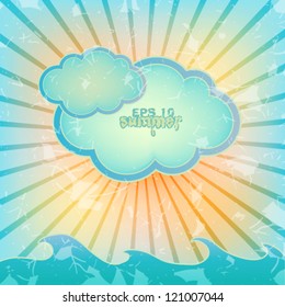 Seascape with clouds and sun in vintage style