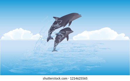 Seascape, cloudy sky - Dolphins, funny, couple, jump out of the water - illustration vector