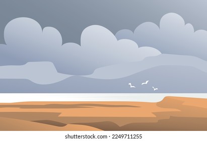 Seascape with coast, cloud and mountains. Beautiful nature wildlife. Wild beach. Sea and seagulls. Flat vector illustration background