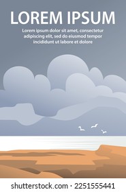 El paisaje marino con costa, nubes y montañas. Hermosa vida natural. Playa salvaje. Mar y gaviotas. Fondo de ilustración de vector plano