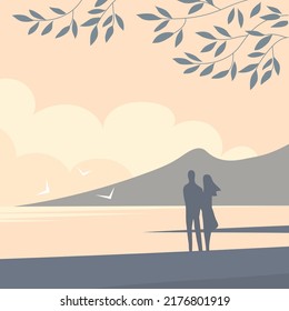 Seascape with coast and mountains. Silhouette of young man and woman. Tree branch. Wild beach. Summer sea. Beautiful nature. Romantic landscape. Flat vector illustration background